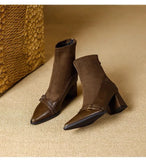 Brown Short Boots Women Thick And 2025 Autumn And Winter New Splicing Elastic Thin Boots Tips 6CM High