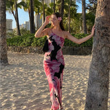 Zingj Girls 2024 Summer New Fashion Vintage Print Sexy Holiday Style Slim One-Shoulder Halter