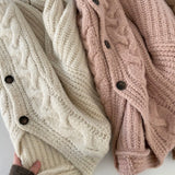Solid V Neck Puff Sleeve Cable Knit CardiganOutfit