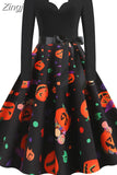 Women Christmas Dress Winter Long Sleeve V Neck Pumpkin Print Halloween Costume Party Dresses Casual Vintage S~3XL