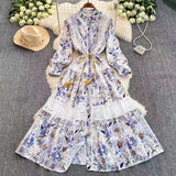 Retro Court Wind Hollow Lace Splicing Lantern Sleeve Collection Waist Single Buckle Print Dress 2025 Spring