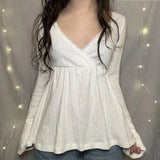 Deep V-Neck Lace Lace Design Feel Waist T-Shirt 2025 Autumn New Repair With Long-Sleeved Women's Clothing