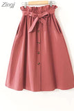 Women Elegant High Waist Midi Skirt Spring And Summer Casual Single-Breasted Solid Black White Bowknot Belt Office A-Line