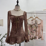 Spring And Summer New French Style Tie Dyed Horn Long-Sleeved Lace Side Design T-Shirt