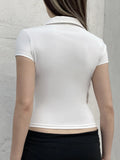 Style Collar Buckle V-Neck Spliced Chest-Type Umbilled T-Shirt Hottie Temperament Female Casual