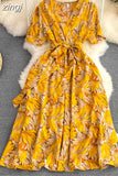 Green/Yellow/Red Printed Midi Dress Vintage V-Neck Short Sleeve High Waist A-Line Casual Vestidos Elegant Female
