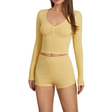 Women's Sexy Low-Chest V-Plate Fastening Long-Sleeved Top Fashion Sports Style + Super Shorts