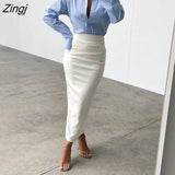 Women Autumn Sexy High Waist Bodycon Skirt Fashion Adults Slim-fit Solid Color Slit Leather Long Skirt