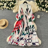 Elegant Dress Women Fashion Nail Ball Collar Hollow Pressure Folding Lantern Sleeves To Print Long