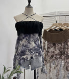 Shot Shoulder Cross Hanging Neck Knitting Mesh Yarn Coat Irregular Ribbon Horn Long-Sleeved T-Shirt