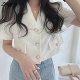 Women Single-breasted Lapel Short-sleeve Vintage Simple Elegant Office Lady Korean Style High-quality Trendy Slim