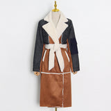 Zingj New Long Denim Splicing Lamb Wool Coat Female Lapel Waist Show Thin Temperament Fashion