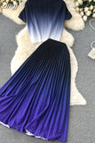 Women Pleated Two Piece Set Vintage Round Neck Short Sleeve Tops + High Waist Draped Skirt Gradient Suit Female New