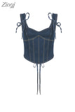 Blue Denim Tank Top for Women Sleeveless Off Shoulder Y2k Bandage Lace Up Crop Tops Vintage Korean Fashion T-shirts