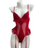 Pajamas Woman 2025 New Summer Thin Red Lace Belly Pocket High-End Sense With A Joint Coat
