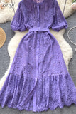 Women Lace Party Long Dress Vintage O-Neck Puff Short Sleeve High Waist Single Breasted A-Line Elegant Vestidos