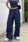 Streetwear Drawstring Low Waist Casual Blue Women's Pants Harajuku Baggy Trousers Hip Hop Wide Leg Capris Summer