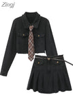 Suit Women's Autumn Temperament Fashion 2023 New Korean Style Long Sleeve Blue Denim Jacket + High Waist Pleated Denim