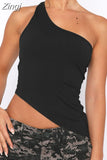 Off Shoulder Single Strap Tank Crop Tops 2023 Women Sleeveless Solid Slim Fit Irregular Hem Vest Summer