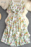 Women Floral Lace Midi Dress Vintage Square Collar Short Sleeve High Waist A-Line Slim Flower Printed Vestidos