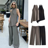 Women's ZA Hanging Neck Collar Minimalist Asymmetrical Top With Trousers