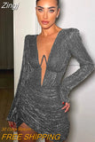Long Sleeve Dress Women Fashion Elegant Low Cut Sexy Mini Dresses Ladies 2023 Autumn Evening Party Club White