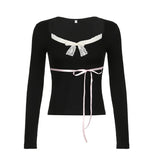 Zingj Lace Splicing Square Collar Slim Long Sleeve T-Shirt Women's 2024 Spring Bow Bottom INS New