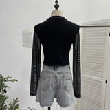 Real Shoot Spice Girls Strap Spliced Pu Skin Repair Slim Semi-High Collar Long Sleeve Top Short T-Shirt