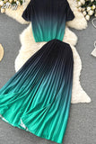 Women Pleated Two Piece Set Vintage Round Neck Short Sleeve Tops + High Waist Draped Skirt Gradient Suit Female New