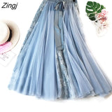 Tulle Pleated Skirt Women Sweet Korean Bow Lace Up Long Skirt Female Spring A-Line Elastic High Waist Skirt Faldas