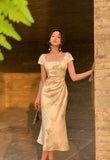 Party Midi Dresses for Women 2025 Summer Square Collar Slim Prom Female Clothes Wedding Evening Satin Dress New Robe 211-0-Outfit