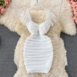 Zingj New French Sexy High Waist Show Thin Pleated Square Neck Wrap Hip Dress H Type Party Single