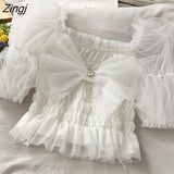 Gradient Lace Shirt Crop Tops Womens Sweet Bow Party Blouse Puff Sleeve Vintage Gothic Puff Sleeve Elegant Mesh
