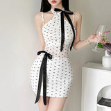 Zingj New Women's Dress Hanging Neck Exposed Back Bow Wave Dot Hip Dress-Outfit