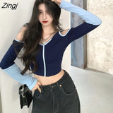 Out T-shirts Women Panelled Patchwork Hot Korean Style Club Streetwear Ins Retro Skinny Female Crop Top Trendy