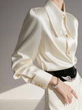 Year's Popular French Unique Small Shirt Light Luxury High Sense Light Familiar Wind Commute White Acetate-Sense Faucet-Sting Shirt
