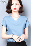 Blouses for Women Fashion Satin Casual T-shirt Solid V-neck Womens Tops Silk Elegant Short Sleeve Blouse Women