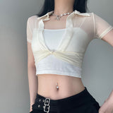 Sexy Thin Spring Perspective Open Fork Design T-Shirt Hottie Short External Mesh Sunscreen