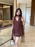 Xixi 2025 Summer New Temperament Elegant V Collar Hanging Neck Short-Sleeved Dress Women