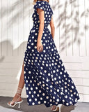 Spot 2025 Summer New Women's Fashion V-Neck Short Sleeve Side Slit In The Long Polka Dot