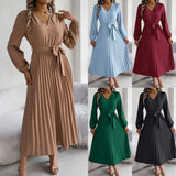 Autumn And Winter Temperament Elegant V-Neck Button Tie With Big Swing 100 Folds Long Dress Dress Women's
