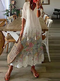 Solid Ruffles Pleated Long Party Dress Women Short Sleeve Loose Casual Dress2025 Autumn V Neck Tassel Hollow Out Dresses 211-0-Outfit