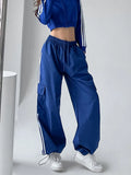 Streetwear Striped Cargo Pants Women High Waist Pockets Americam Casual Trousers Harajuku Loose Chic Patchwork
