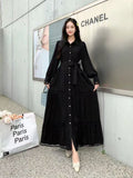 High-End Retro Collar Single Buckle Lantern Sleeve Dress Women's Hollow Lace To Receive Long Waist
