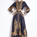 Retro Elegant Print Dress Women's Spring New French Court Style Waist Single Buckle Long