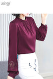 Women's Blouse Silk Tops for Women Solid Embroidered Long Lantern Sleeve Top Stand Neck Clothing Female 2023 Basic