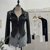 Shooting Irregular Zipper Collar Short Small Coat With Long Sleeves And Bottom Shirt