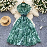 2025 New Clip Short Sleeves Lightly Knee Vintage Printed Dress Elegant Waist Grand