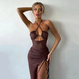 Zingj Sexy Hot Girl High Slit Wrinkle Hang Neck Type Temperament Show Chest