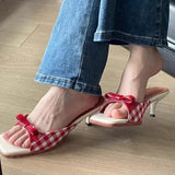 Head French Lattice Cool Slippers Women Wear Bows Out Toe High Heel